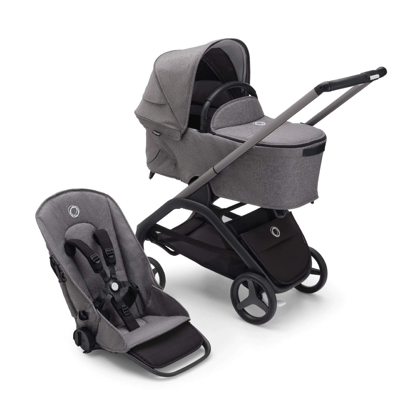 Kinderwagen_Bugaboo_Dragonfly_grey-melange_Ansicht_mit_bassinet_und_sitz_von_hinten_links #farbe_grey-melange