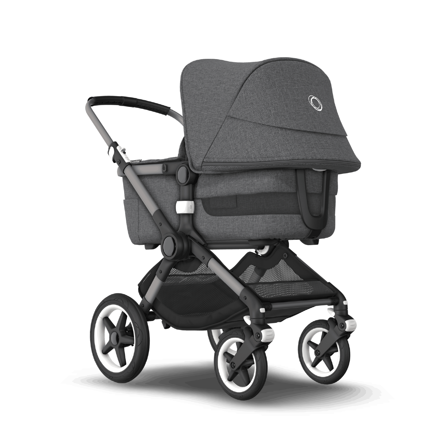 Kinderwagen_Bugaboo_Fox_3_grey_melange_Ansicht_mit_bassinet_von_vorne_rechts#Farbe_grey-melange