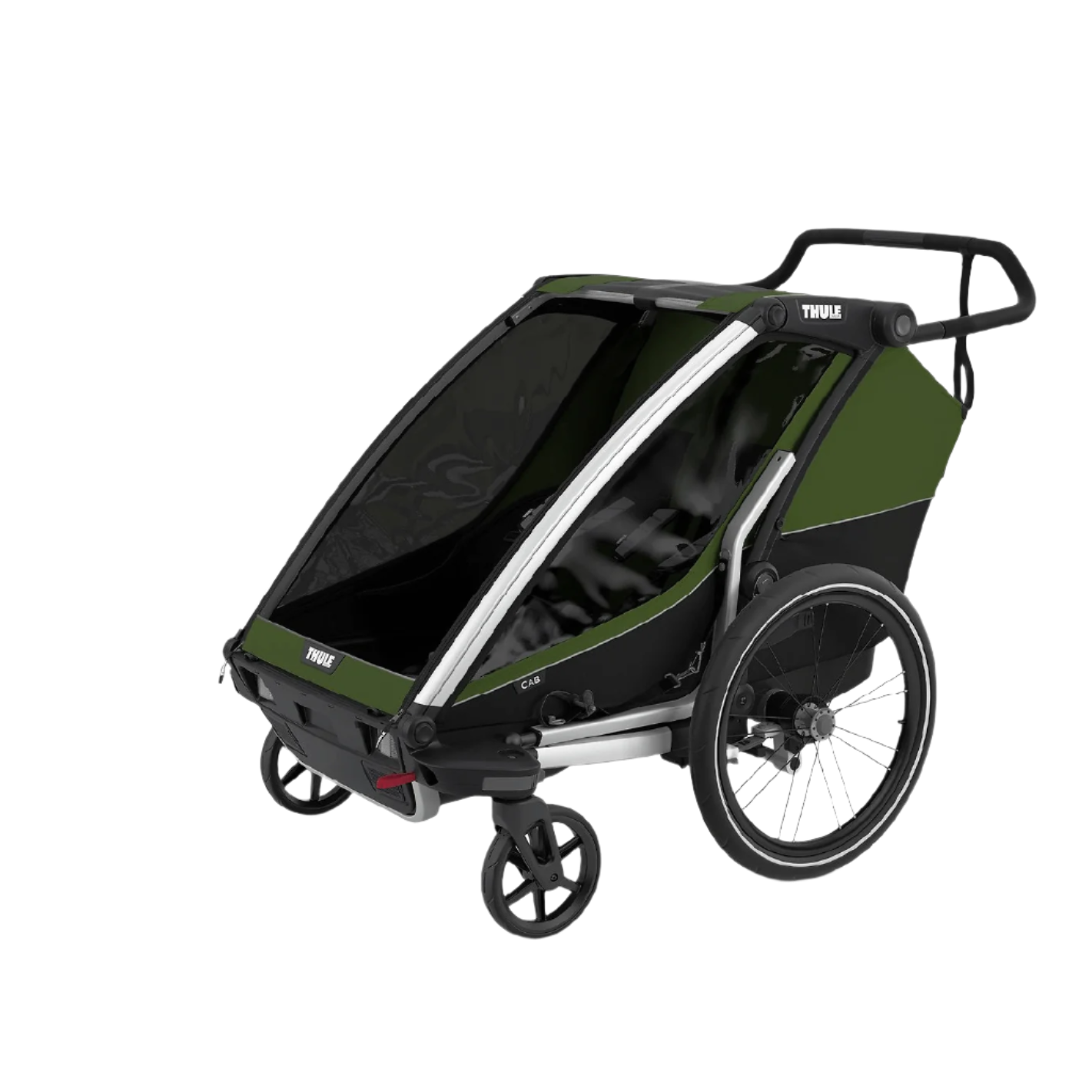 Velo-Anhanger_Thule_Chariot_2_Cypress-green_Ansicht_von_vorne_links_mit_raeder