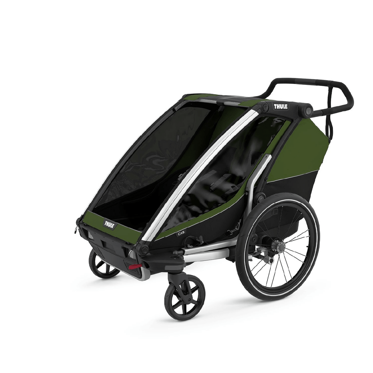 Velo-Anhanger_Thule_Chariot_2_Cypress-green_Ansicht_von_vorne_links_mit_raeder